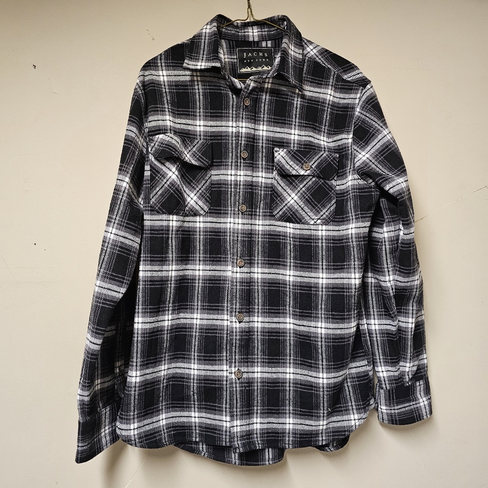 Jachs New York Plaid Flannel Shirt Black White Heavyweight Men's Medium